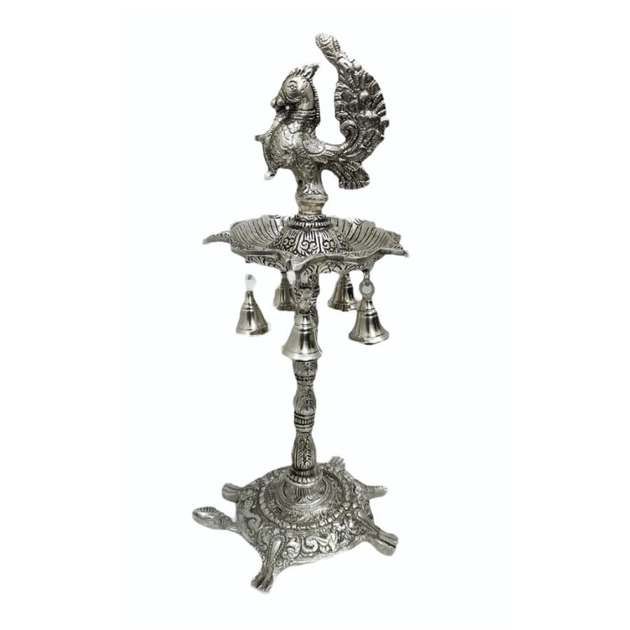 Silver Peacock Diya Square Base on Stand